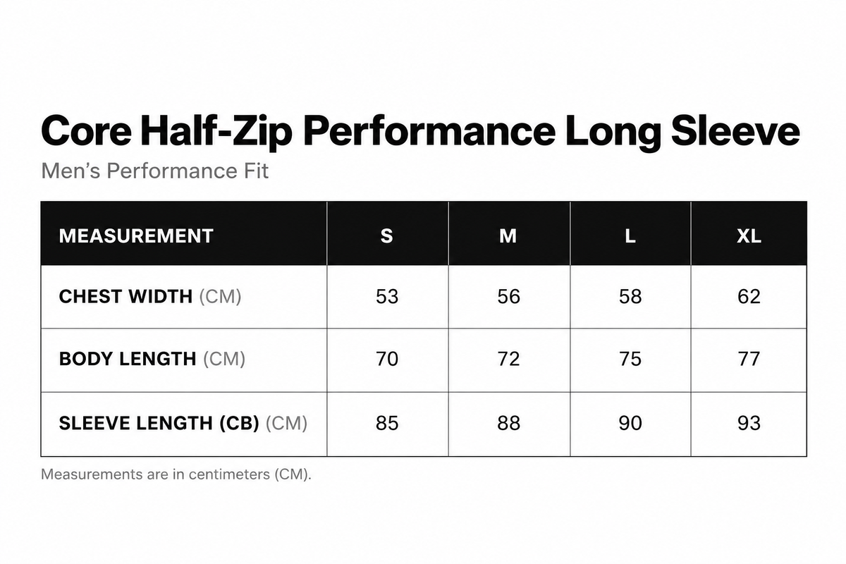 Core Half-Zip Performance Long Sleeve size chart