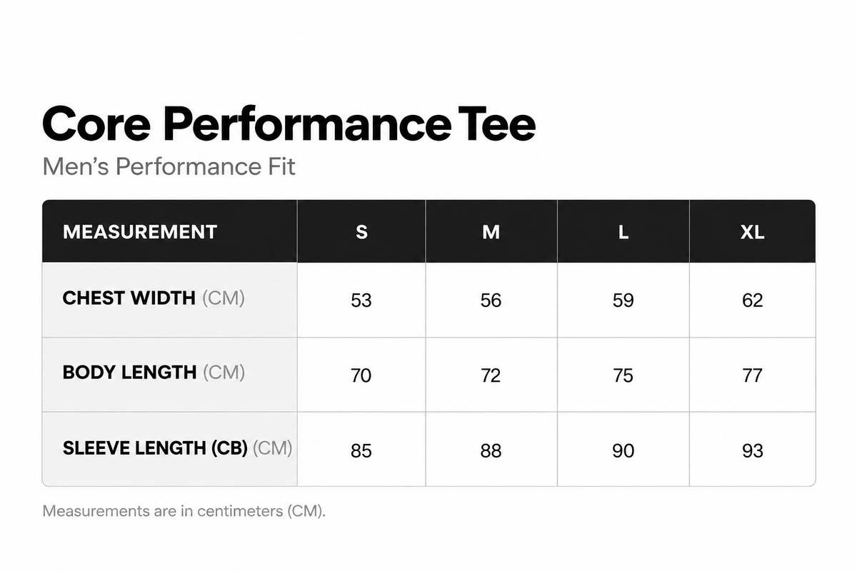 Core Performance Tee size chart