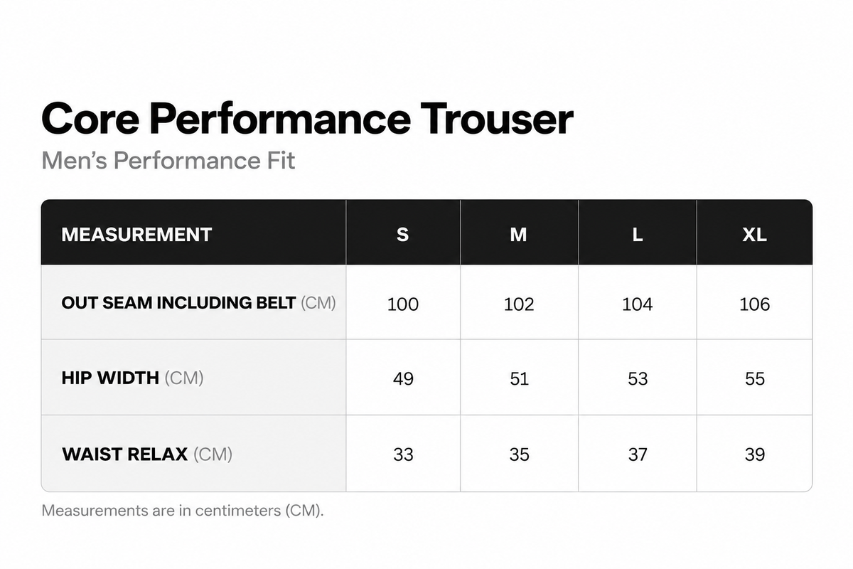 Core Performance Trouser size chart