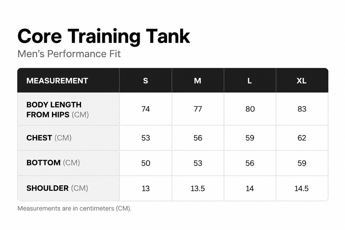 Core Training Tank size chart