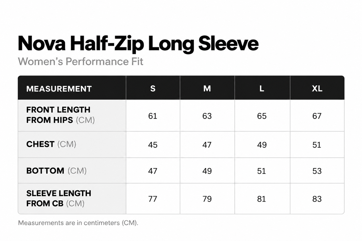 Nova Half-Zip Long Sleeve size chart